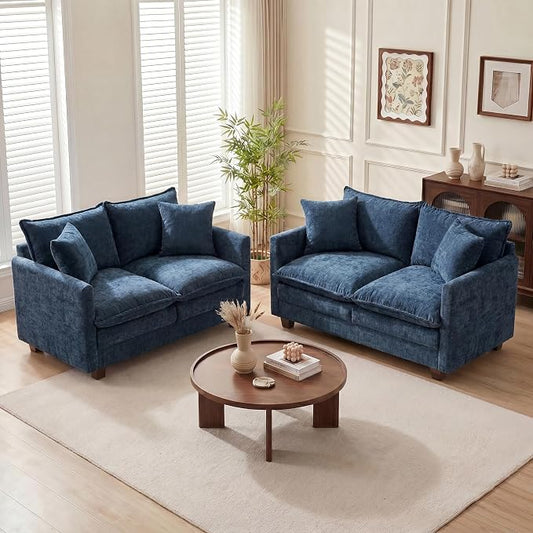 Loveseat Sofa Couch 2 Piece Set, Small Compact 50" Love Seat 27" Deep Cloud Sofa Set Washable Chenille Pillow Living Room Set for Apartment Office 8833-BLUE-2+2