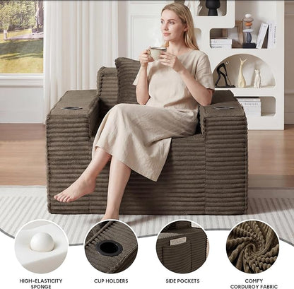 Boneless Sofa Couch with Cup Holders & Side Pockets, Modern Corduroy Fabric Deep Seat Single Cloud Couch for Reading Living Room Office, No Assembly (Brown)