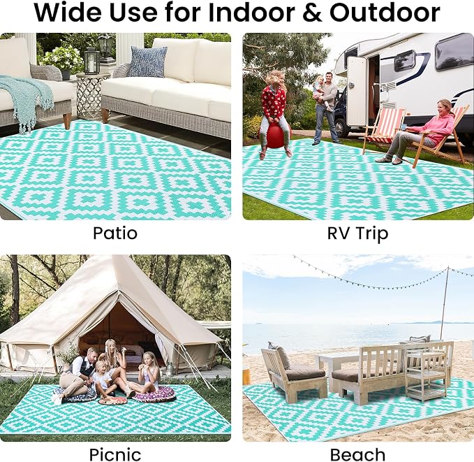 Smiry Waterproof Outdoor Rug 5x8 ft, Reversible Plastic Straw Patio Camping Rugs, Outdoor Indoor RV Mat Carpet for Patio, Outside Entry, Backyard, Deck, Bench, Picnic, Camper, White & Teal