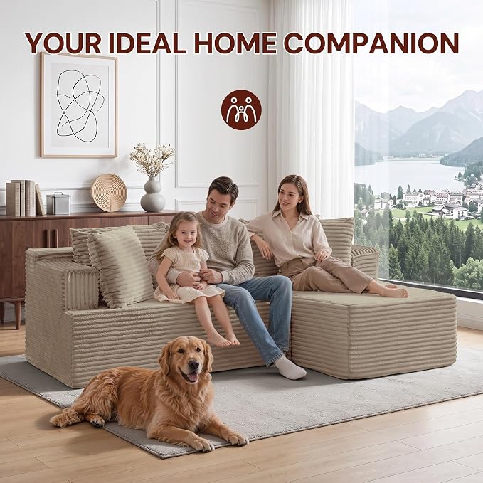 Korser Boneless Couches for Living Room, Cloud Couch Sectional with Ottoman, L-Shaped Sofa with Fluffy Comfy Corduroy Deep Seat, Bedroom, Apartment, No Assembly Required