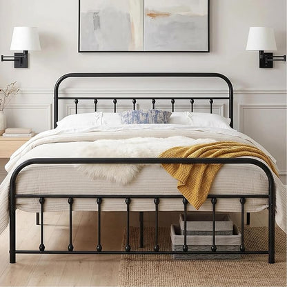 VECELO Black Metal Bed Frame Full Size with Vintage Headboard and Footboard, No Box Spring Needed, Premium Stable Steel Slat Support Mattress Foundation