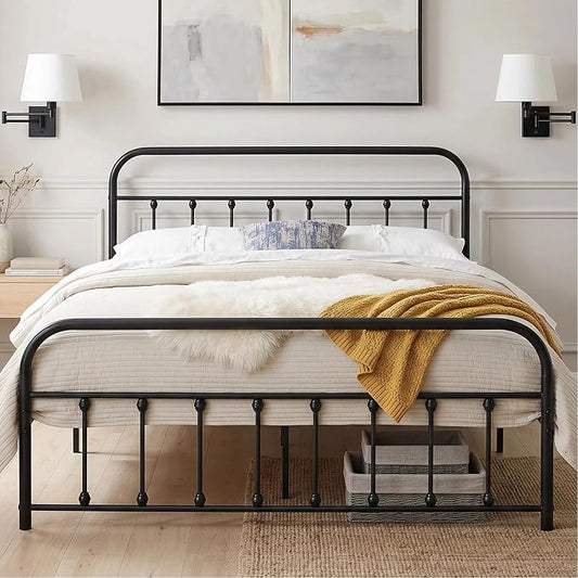 VECELO Black Metal Bed Frame Full Size with Vintage Headboard and Footboard, No Box Spring Needed, Premium Stable Steel Slat Support Mattress Foundation