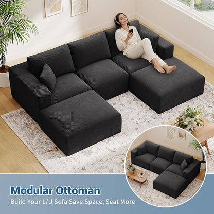 40" Oversized Large Square Corduroy Ottoman Pouf - Poofy Plush Foot Rest with Foam Chunk Filling, Movable Floor Pouf Footstool & Ottoman Coffee Table for Living Room Couch Bedroom, Black(2 Pieces)