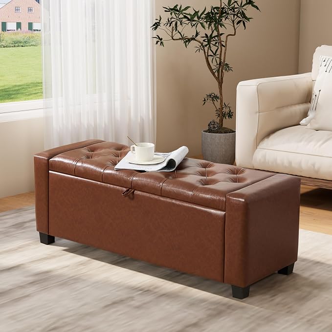 Royal Windsor Ottoman with Storage,Tufted Storage Bench with Safety Hinge,Holds up to 350 lb,Upholstered Bench with Seating for Bedroom, Living Room,Entryway,Leather Brown