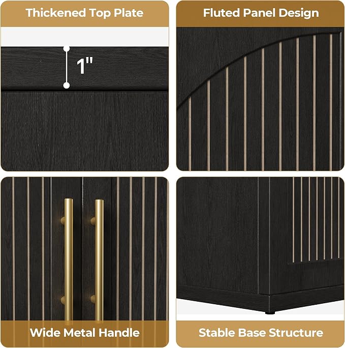 MapleGrace 63" Fluted Buffet Cabinet with Storage, Modern Symmetrical Arched Sideboard Credenza with Adjustable Shelf, Elegant Wood Console Table for Dining Room, Kitchen, Living Room(Black)