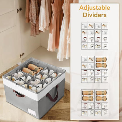 Criusia Shoe Organizer for Closet, 2 Pack Foldable Shoe Storage Organizer Box Bin with Adjustable Dividers and Clear Cover, Closet Shoe Storage for Sneakers Sandals Boots, Fit 16-32 Pairs, Gray
