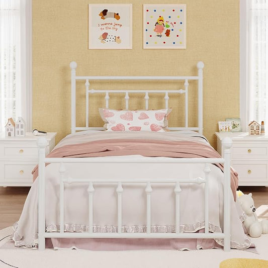 SHA CERLIN 14" Twin Size Metal Platform Bed Frame/Victorian Headboard and Footboard/Steel Slats Mattress Foundation for Storage/No Box Spring Needed/Noise Free/White