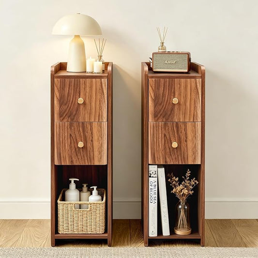 Narrow Nightstand Set of 2, Wooden Small 2 Drawer Nightstand, Slim Side End Table, Skinny Bedside Table, Mid Century Modern Night Stand with Drawers, for Living Room (Walnut 2-2 pcs)