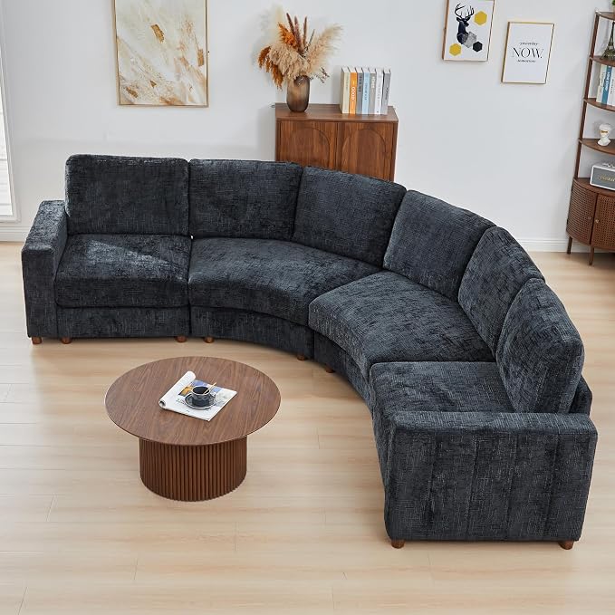 ORRD Curved Sectional Sofa, Convertible L Shaped Couch with Deep Seat, Boucle Modular Sectional Sofa with Pillows, Curved Chenille Comfy Corner 4 Seat Couch for Living Room, Black Blue