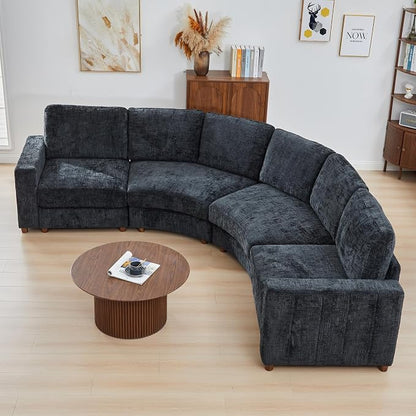 ORRD Curved Sectional Sofa, Convertible L Shaped Couch with Deep Seat, Boucle Modular Sectional Sofa with Pillows, Curved Chenille Comfy Corner 4 Seat Couch for Living Room, Black Blue