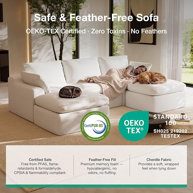 Novilla 133.8" Modular Cloud Couch, Modern Sectional Sofa with Smarts Coil® Support, Chenille Fabric, Upholstered Couch for Living Room Apartments Bedroom, No Assembly, 4 Seater + 2 Ottoman, White