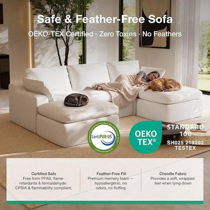 Novilla 133.8" Modular Cloud Couch, Modern Sectional Sofa with Smarts Coil® Support, Chenille Fabric, Upholstered Couch for Living Room Apartments Bedroom, No Assembly, 4 Seater + 2 Ottoman, White