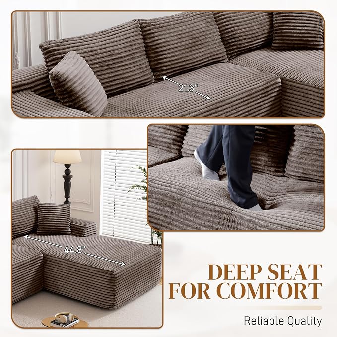 95" L Shaped Boneless Sectional Couches, Wide Armrest, Deep Seat, Memory Foam, Assembly Free, Modern Comfy Corduroy Fluffy Cloud Sofa with Left Chaise for Living Room, Small Spaces, Brown