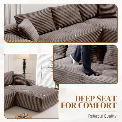 95" L Shaped Boneless Sectional Couches, Wide Armrest, Deep Seat, Memory Foam, Assembly Free, Modern Comfy Corduroy Fluffy Cloud Sofa with Left Chaise for Living Room, Small Spaces, Brown