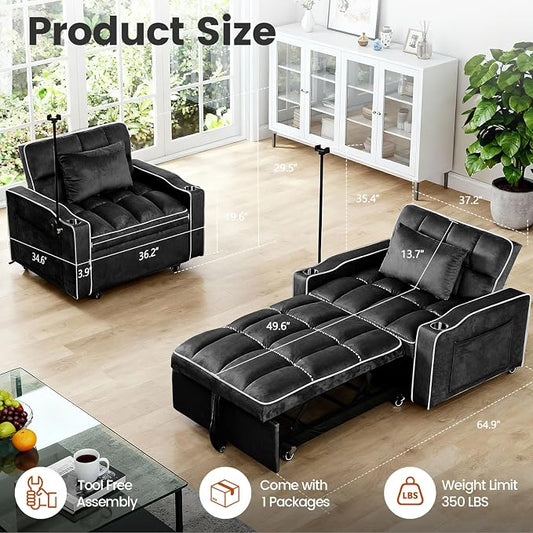 4 in 1 Sleeper Chair, Velvet Pull Out Chair Sleeper with Bracket and Cup Holder, Chairs Bed Sleepers with USB Port for Adults, Sofa Bed Chairs for Small Spaces, Living Room, Black