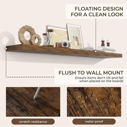RICHFOCUS 72Inch Floating Shelves for Wall 2 Pack Shelves for Bedroom|Kitchen|Bathroom Wall Mounted Rustic Wood Floating Shelf with Invisible Brackets for Books|Storage|Decor, Rustic Brown