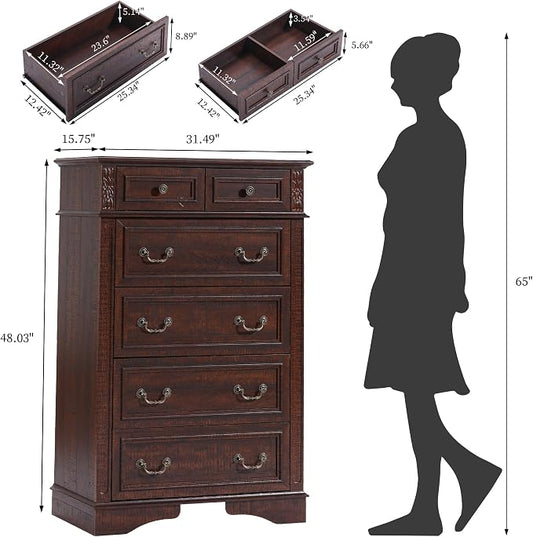 Farmhouse Dresser and Nightstand Sets, 6-Drawer Dresser & 3 Drawer Nightstand Sets, 3 Pieces Rustic Wood Bedroom Furniture Set for Home, Bedroom, Hallway（Dark Brown）
