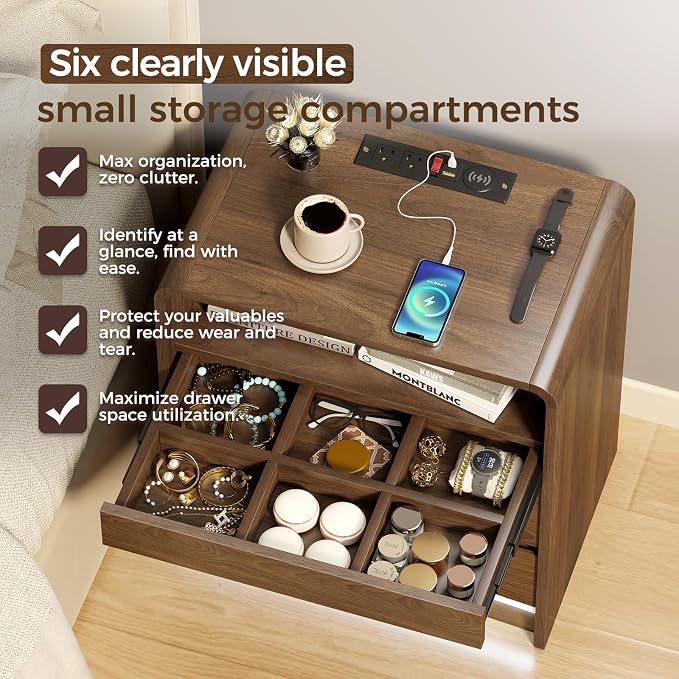 Messenya Mid Century Modern Nightstand with Drawer Organizer for Bedroom | Top Soft Close Drawer of 23.6'' Bedside Table with 6 Compartments, Motion Sensor LED Light, Charging Station, Walnut Finish