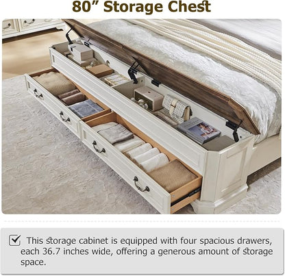 T4TREAM Farmhouse King Bed with Headboard and Storage Bench, Rustic Wood Platform Bed with 80" Storage Chest w/ 4 Large Drawer (Antique White)