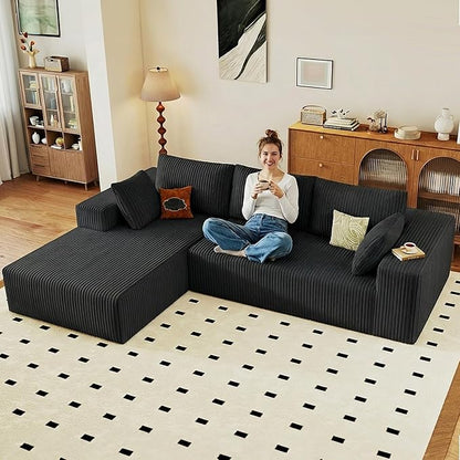 95" Cloud Sectional Couch with L-Shape Chaise, Modular Comfy Sofa Chaise Longue, Upholstered Corduroy Couches Sleeper with Deep Seat for Living Room Bedroom, No Assembly Required(Black, Left Facing)