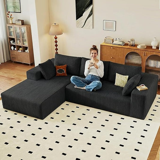 95" Cloud Sectional Couch with L-Shape Chaise, Modular Comfy Sofa Chaise Longue, Upholstered Corduroy Couches Sleeper with Deep Seat for Living Room Bedroom, No Assembly Required(Black, Left Facing)