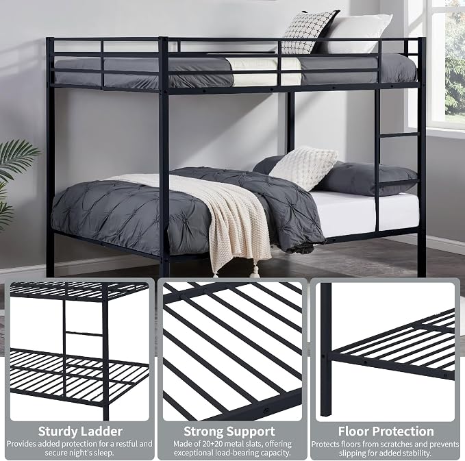 Full Over Full Bunk Bed, Metal Full Size Bunk Beds with Guardrail, Bunk Bed for Adults, Teens, Heavy Duty Bunk Beds Full Size,Safety Guardrail & Ladders, Space-Saving Design, No Box Spring Needed
