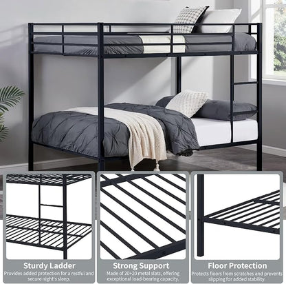 Full Over Full Bunk Bed, Metal Full Size Bunk Beds with Guardrail, Bunk Bed for Adults, Teens, Heavy Duty Bunk Beds Full Size,Safety Guardrail & Ladders, Space-Saving Design, No Box Spring Needed