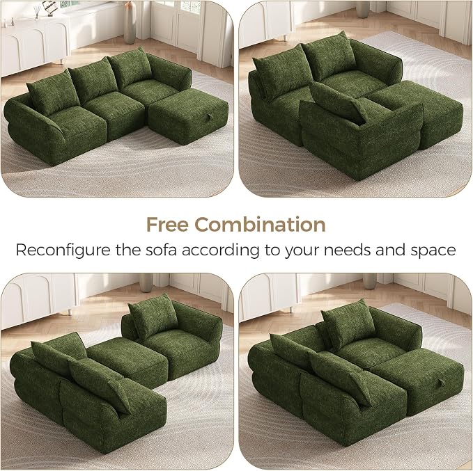 104" Modular Sectional Sofa with Deep Seat, Comfortable Upholstery L Shaped Cloud Couch for Living Room, 3-Seater Boneless Sofa with Movable Ottoman, Removable Cover, No Assembly Required, Algae Green