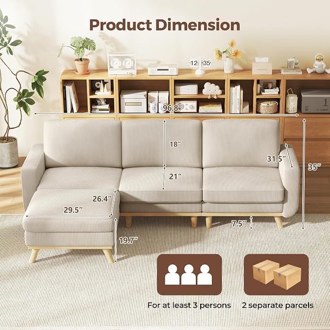 Vesgantti 97" Modular Sectional Sofa Light Gray, L-Shaped Couch with Movable Ottoman, Comfy Corduroy Couch with Spring Cushion, Modular Sofa with Deep Seat for Living Room, Bedroom and Apartment