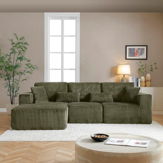 L Shaped Modular Boneless Sectional Couches for Living Room, Wide Armrest, Deep Seat, Memory Foam, Assembly Free, Modern Comfy Corduroy Fluffy Cloud Sofa with Left Chaise, Green