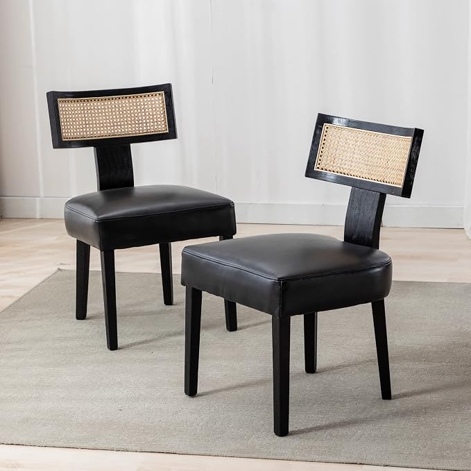 RIVOVA Rattan Dining Chairs Set of 2, Modern PU Leather Upholstered Kitchen Chairs, Wooden Dining Room Chair Farmhouse Dinner Chair with Black Wood Frame, Black