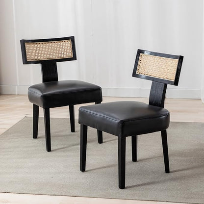 RIVOVA Rattan Dining Chairs Set of 2, Modern PU Leather Upholstered Kitchen Chairs, Wooden Dining Room Chair Farmhouse Dinner Chair with Black Wood Frame, Black