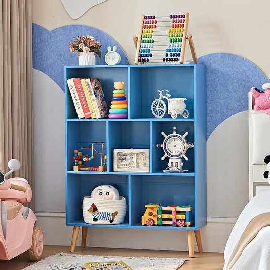 LEYAOYAO Cube Bookshelf 3 Tier Mid-Century Blue Modern Bookcase with Legs,Retro Wood Bookshelves Storage Organizer Shelf,Freestanding Open Book Shelves for Bedroom,Living Room,Office