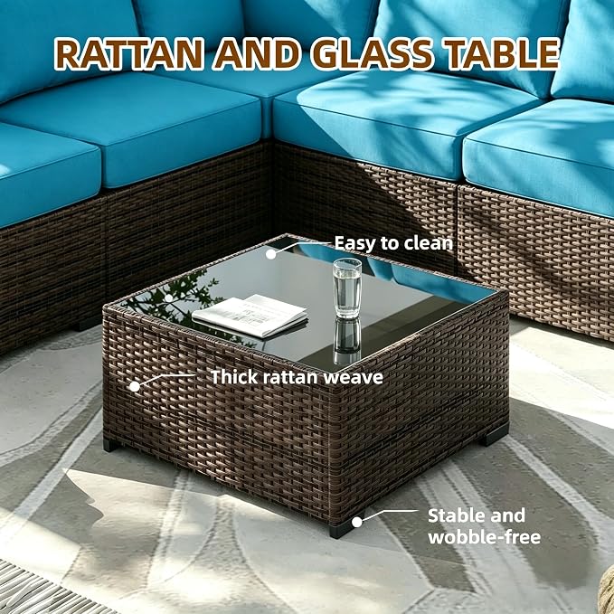 MOCHITO 7 Pieces Outdoor Patio Furniture Sets, All-Weather Sectional Sofa Dark Brown PE Rattan Wicker Conversation Set with Glass Table and Washable Turkish Cushions for Backyard,Sunroom,Garden,Porch