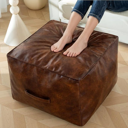 HIGOGOGO Square Stuffed Pouf Ottoman, Pu Leather Poufs with Foam Chunk Filling, Furry and Fluffy Pouf Foot Stool Storage Ottoman,26x18 Inches Floor Poufs Foot Rest for Living Room, Dark Brown