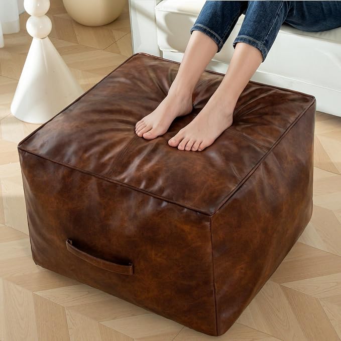 HIGOGOGO Square Stuffed Pouf Ottoman, Pu Leather Poufs with Foam Chunk Filling, Furry and Fluffy Pouf Foot Stool Storage Ottoman,20 X 14 Inches Floor Poufs Foot Rest for Living Room, Dark Brown