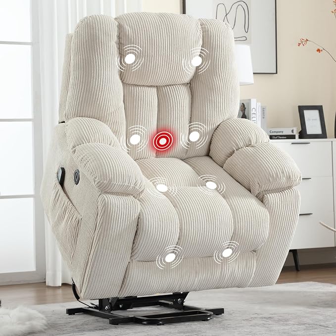 CANMOV Power Lift Recliner Chair with Massage and Heat for Elderly, Overstuffed Wide Recliners, Heavy Duty and Safety Motion Reclining Mechanism with USB Ports, 2 Concealed Cup Holders, Beige