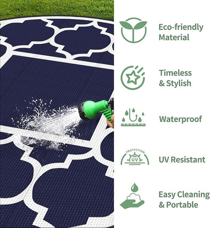 GENIMO 10 ' Round Outdoor Rug for Patio, Waterproof Indoor Outdoor Plastic Straw Rugs Carpet, Reversible Outside Area Mat for Camping, Balcony Porch, Deck, Picnic, Blue White