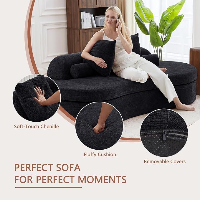 AVZEAR 78" Curved Loveseat Sofa, Chenille Upholstered 2 Seater Couch for Living Room, No Assembly Modern Love Seat Cloud Sofa with 2 Bolster Pillows & 2 Square Pillows, High-Density Foam, Black