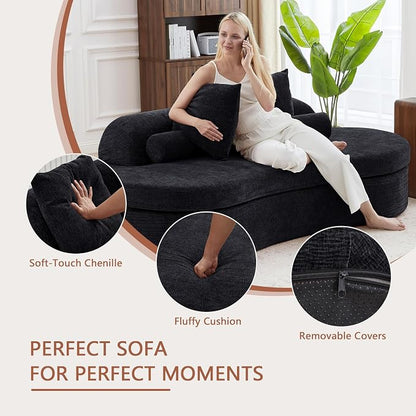 AVZEAR 78" Curved Loveseat Sofa, Chenille Upholstered 2 Seater Couch for Living Room, No Assembly Modern Love Seat Cloud Sofa with 2 Bolster Pillows & 2 Square Pillows, High-Density Foam, Black