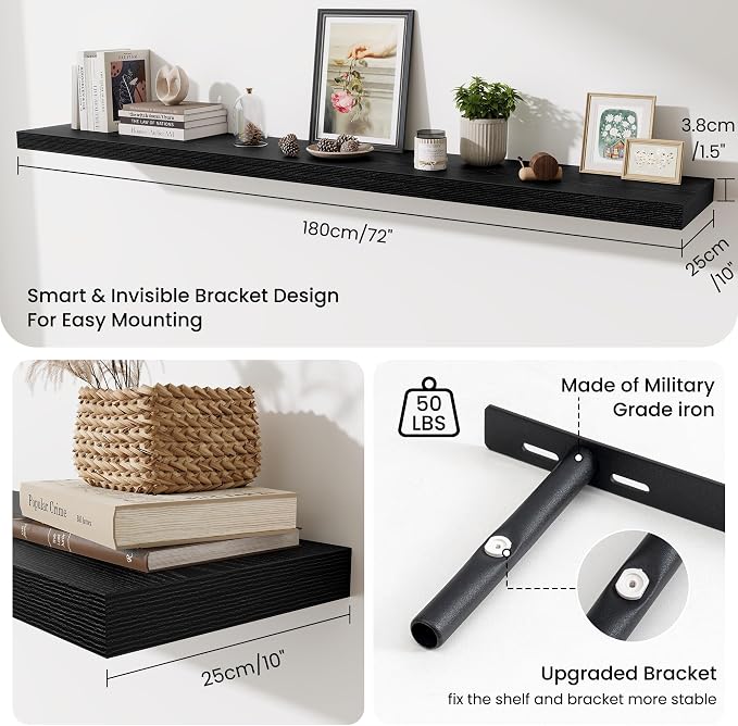 Fun Memories 72 Inch Fireplace Mantel Shelf, 10 Inch Deep Shelves for Display & Wall Storage, Rustic Wood Wall Shelf, Extra Long Floating Shelves for Living Room Laundry Room, Black, Set of 2
