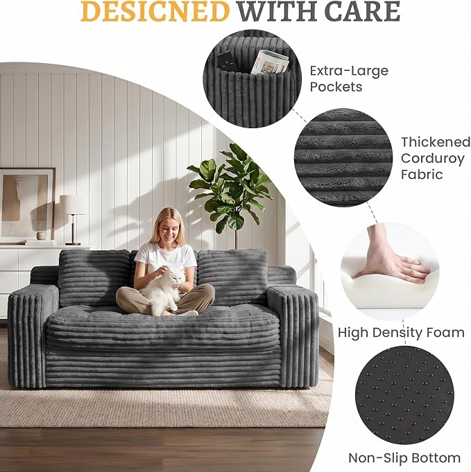 Boneless Couch, Cloud Loveseat Sofa Corduroy Couch in a Box, Upholstered Boneless 3 Seater Couch for Living Room Bedroom Office Apartment, No Assembly Required, Grey