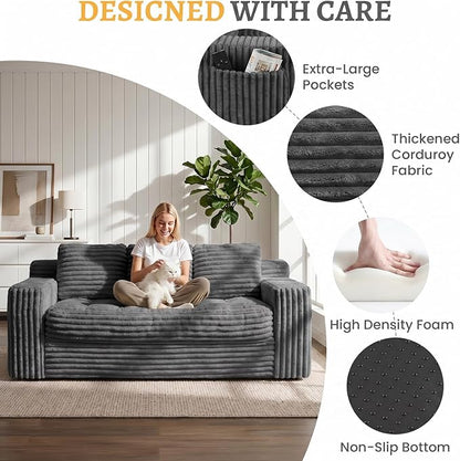 Boneless Couch, Cloud Loveseat Sofa Corduroy Couch in a Box, Upholstered Boneless 3 Seater Couch for Living Room Bedroom Office Apartment, No Assembly Required, Grey