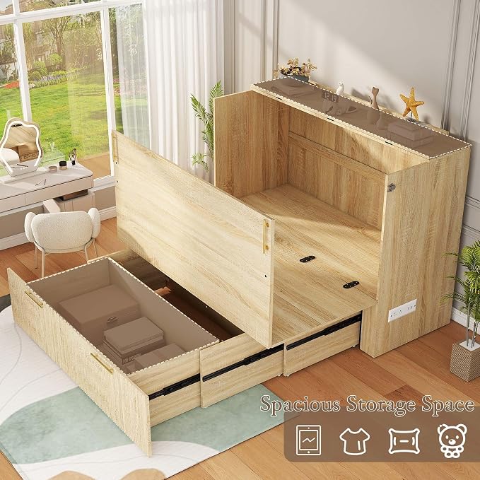 Full Size Murphy Bed Cabinet: Modern Murphy Bed Full Oak, Natural Wood Hidden Beds Cabinet with Charging Station, Contemporary Hideaway Beds for Apartments (Oak-Fluted)
