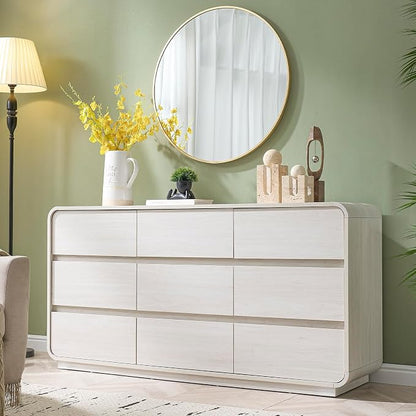 Standifurno White Dressers of 9 Drawers, Chest Dresser with Deep Drawers, Modern Dresser Closet for Bedroom, Curved Drawer with Large Storage, 57'' Wide