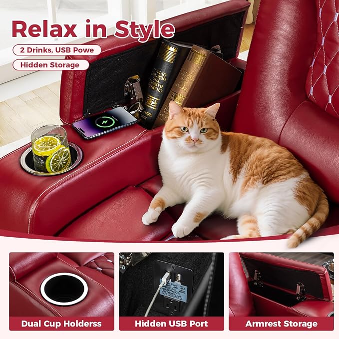 ANJ Power Recliner Chair Set of 8, Electric Soft Faux Leather Reclining Home Theater Seating - USB Ports, Cup Holders, Hidden Arm Storage Movie & Media Room Chairs (Red)