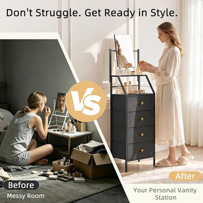 HIGDBFE 4-Drawer Dresser with Mirror, Vanity with 2-Tier Shelves, Fabric Chest of Drawers for Small Space, Vertical Storage Cabinet for Bedroom, Nightstand Bedside Table Furniture, Black, 15.3" W