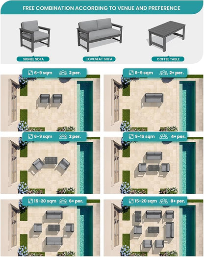 SERWALL 2 Pieces Single Cushioned Sofa Armchair, Grey HDPE Adirondack Outdoor Sofa Lounge with Grey Cushion