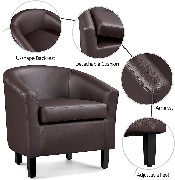 Topeakmart Accent Chair, Modern and Comfy Faux Leather Barrel Upholstered Club Chair with Wooden Legs for Living Room Bedroom, Set of 2, Espresso