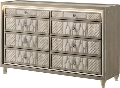 Coaster Home Furnishings - Lorient - Wood and Velvet - 8-Drawer Dresser with LED Lighting, Quilted Fronts and Crystal Knobs - Bedroom - Ivory and Camel - 222663
